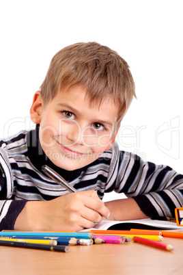 Cute schoolboy is writting