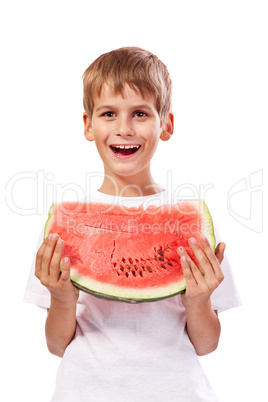 Boy is eating a watermelon