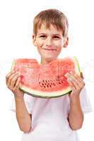 Boy is eating a watermelon