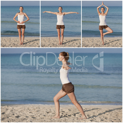 Frau macht yoga Sport am Strand collage