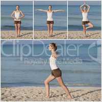 Frau macht yoga Sport am Strand collage