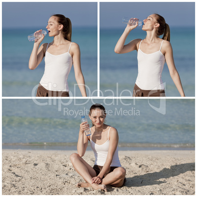 Frau trinkt wasser aus einer flasche am Strand Collage