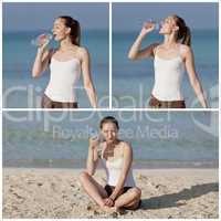 Frau trinkt wasser aus einer flasche am Strand Collage