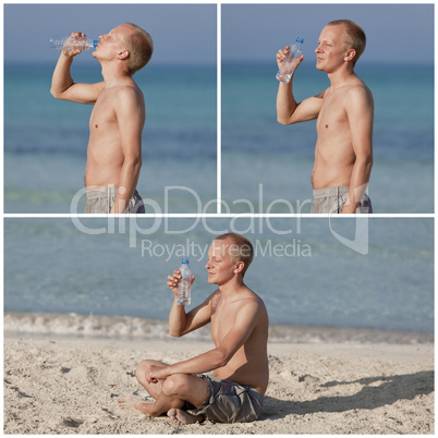Mann trinkt wasser aus einer flasche am Strand collage