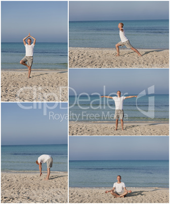 Mann macht yoga Sport am Strand collage