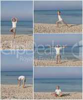 Mann macht yoga Sport am Strand collage