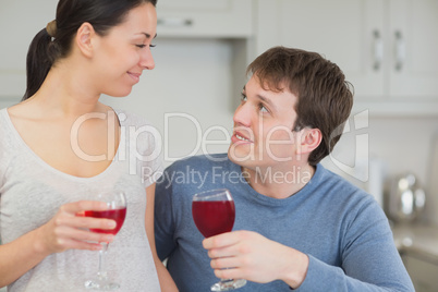 Cute couple drinking red wine and looking at each other