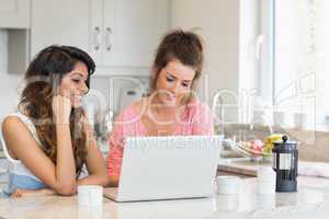 Smiling women looking at laptop and having coffee
