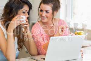 Girls chatting over coffee with laptop