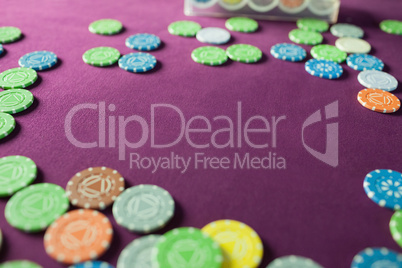 Colorful poker chips in a casino