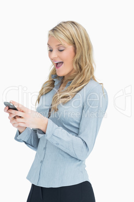 Woman being cheerful about message Woman being cheerful about message