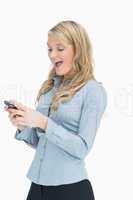 Woman being cheerful about message