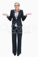 Business woman giving I don't know gesture