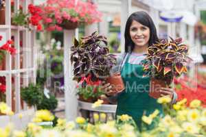 Garden center worker holding two plants while standing outside