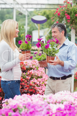 Couple discussing flowers