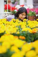 Woman smelling yellow flowers