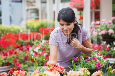 Woman looking at plants in garden center