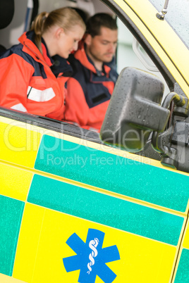 Emergency ambulance car paramedics sitting  work