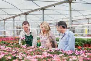 Family choosing a flower with employee in garden center