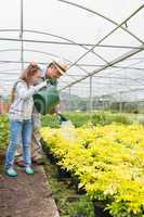 Little girl watering plants with grandfather