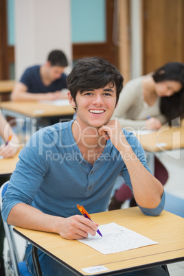 Student smiling during exam