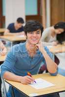 Student smiling during exam