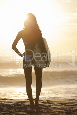 Woman Bikini Surfer & Surfboard Sunset Beach