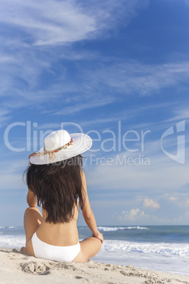 Sexy Woman Girl Sitting Sun Hat & Bikini on Beach