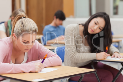 Brunette is trying to copy blonde student in exam