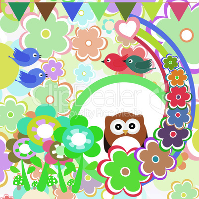 Background with owl, flowers, birds and trees - vector
