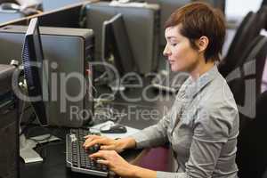 Woman sitting at the computer at the computer room