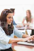 Woman sitting at the college cafe using laptop