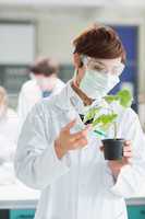 Woman standing at the laboratory holding a plant adding green ch
