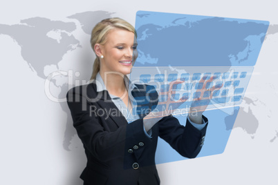 Business woman typing on holographic keyboard