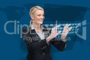Businesswoman standing while typing on projected keyboard