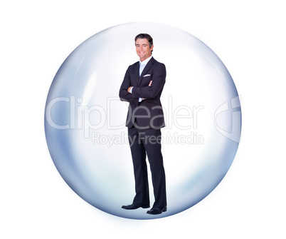 Businessman standing in a bubble while smiling