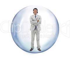 Man standing at a bubble smiling