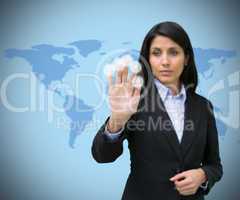 Woman pressing hand to holographic screen