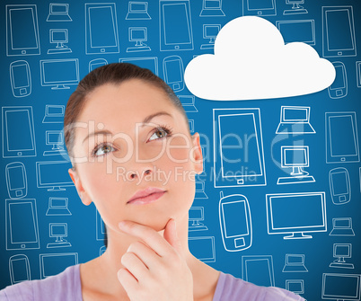 Woman thinking about cloud computing