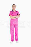 Doctor wearing pink scrubs