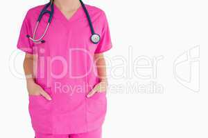 Woman in pink scrubs