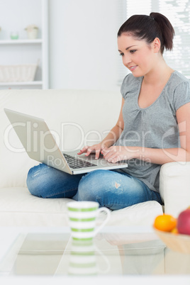 Smiling woman using a laptop on the couch