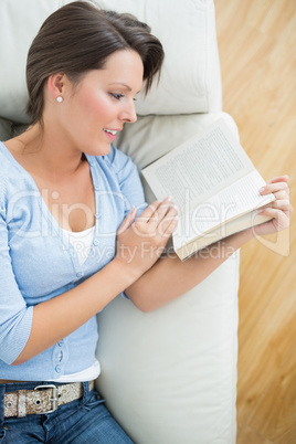 Smiling woman reading a novel on the sofa