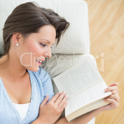 Smiling brunette reading a novel on the sofa