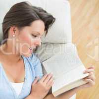 Smiling brunette reading a novel on the sofa