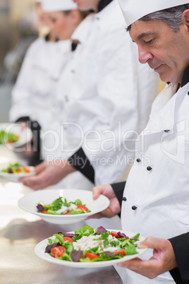 Chef's looking and holding salads