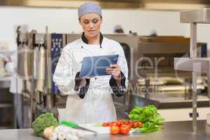 Serious chef using digital tablet beside the vegetables