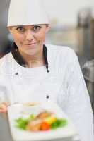Smiling chef behind dinner plate