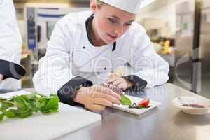 Chef putting mint on dessert plate