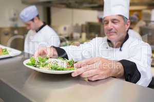 Chef inspecting salad plate
